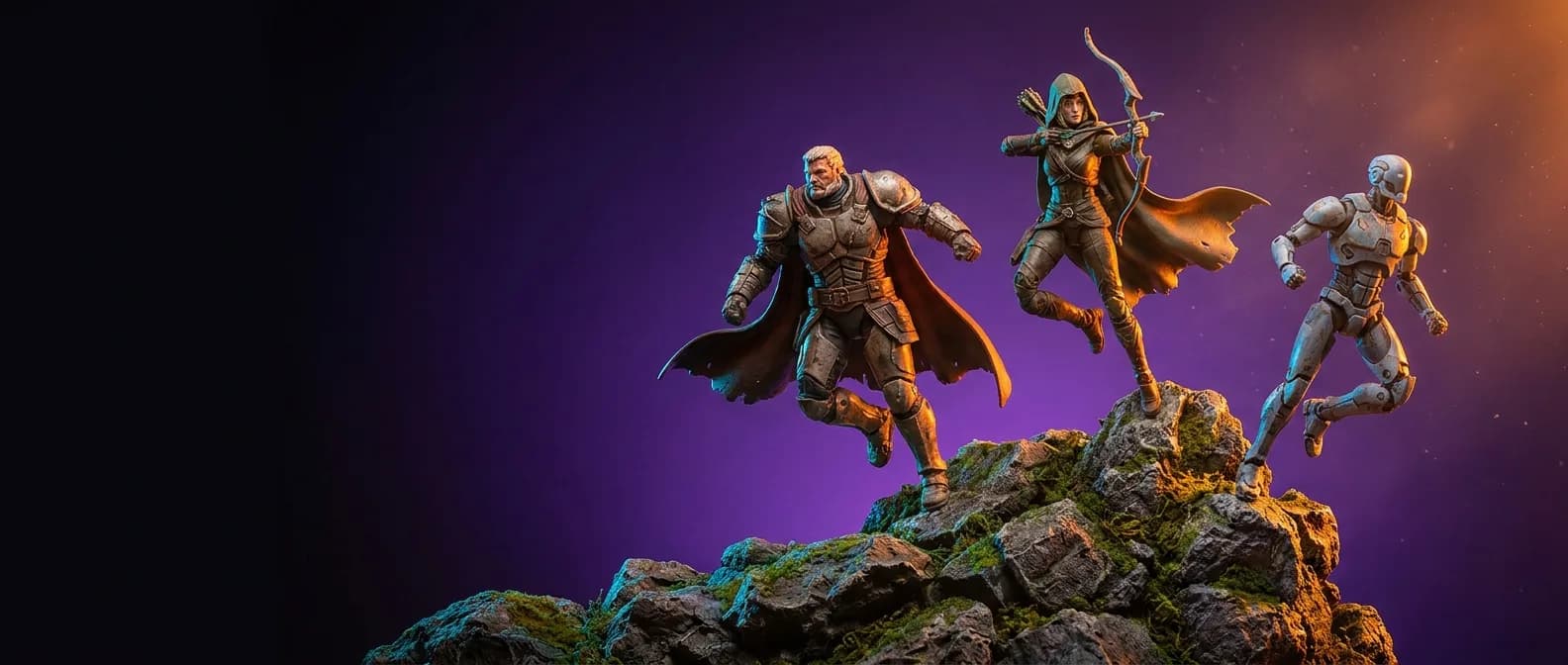 Action figures in dynamic battle poses