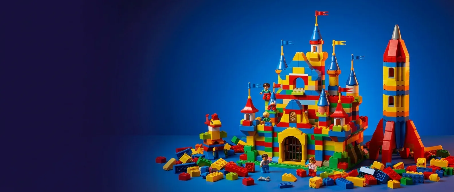 Colorful castle and rocket built from toy bricks