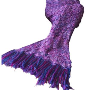 E-cowlboy Handmade Knitted Crochet Mermaid Blanket Cozy Warm Mermaid Tail Shape Blanket with Scales Pattern and Tassels (Small)