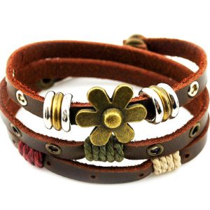 ZIKKER Charm Art Metal Flower Button Three Row Adjustable Leather Wrap Bracelet